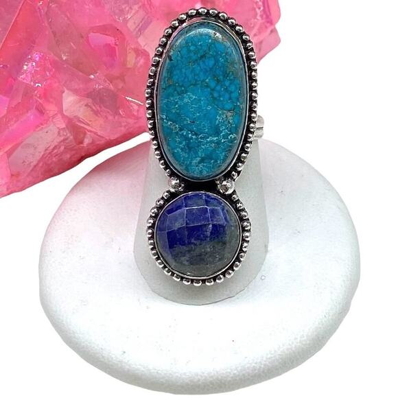 Chrysocolla & Lapis Lazuli Double Stone Ring Size 6 925 Sterling Silver Overlay